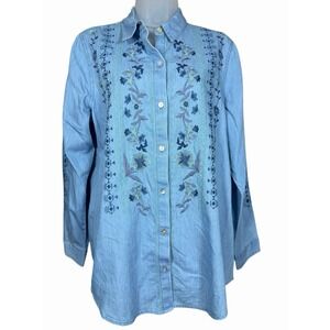 J.Jill Denim Embroidered Blue Chambray Shirt Womens M Western Boho Country